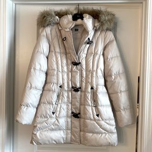 Ivory Laundry by Design puffer 3/4 length jacket with faux fur hood